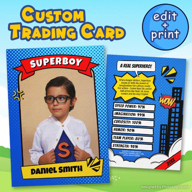 Presentación Tarjeta de comercio de historietas para Personaliz (Superhero Custom Comic Trading Card for Boy Gift)