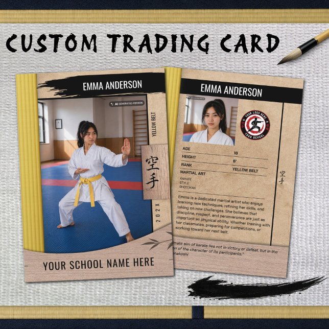 Presentación Tarjeta de comercio de madera de cinturón amarillo (Create a personalized karate trading card featuring your own photos and belt achievement.)