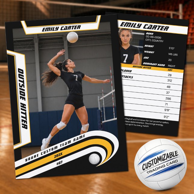 Presentación Tarjeta de comercio de voleibol personalizada amar (Custom Yellow, White & Black Volleyball Trading Card – Add Your Photo & Stats)