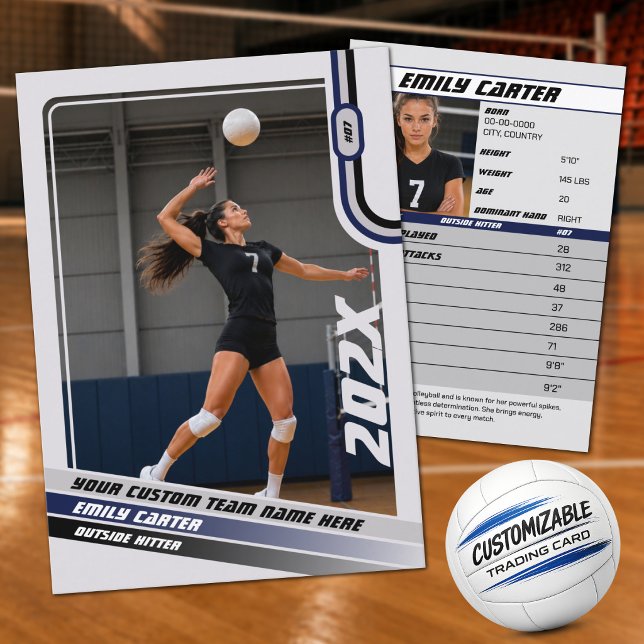 Presentación Tarjeta de comercio de voleibol personalizada azul (Personalized Blue, Gray & White Volleyball Trading Card – Add Your Name & Photo)