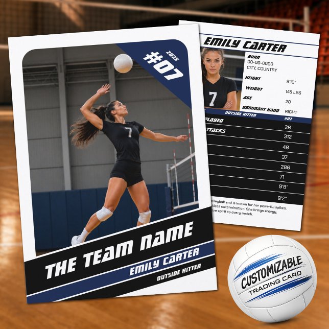 Presentación Tarjeta de Comercio de Voleibol Personalizada Blan (Showcase Your Game with a Blue & White Custom Volleyball Trading Card)