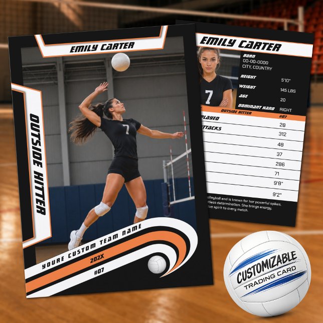 Presentación Tarjeta de comercio de voleibol personalizada nara (Showcase Your Game with an Orange, White & Black Custom Volleyball Trading Card)