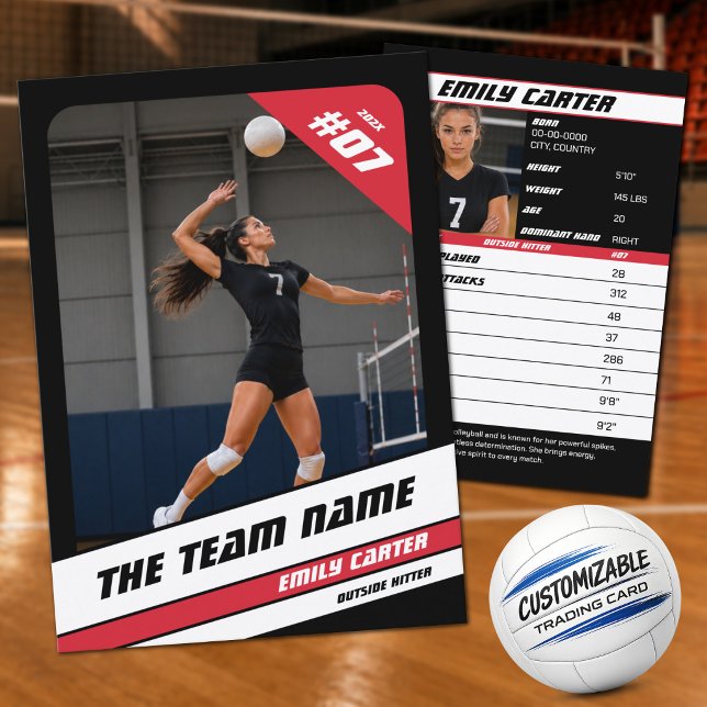 Presentación Tarjeta de comercio de voleibol personalizada negr (Stand Out with a Black, Red & White Volleyball Trading Card)