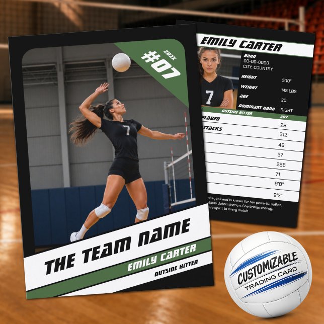Presentación Tarjeta de comercio de voleibol personalizada negr (Show Off Your Skills with a Black, Green & White Custom Volleyball Trading Card)