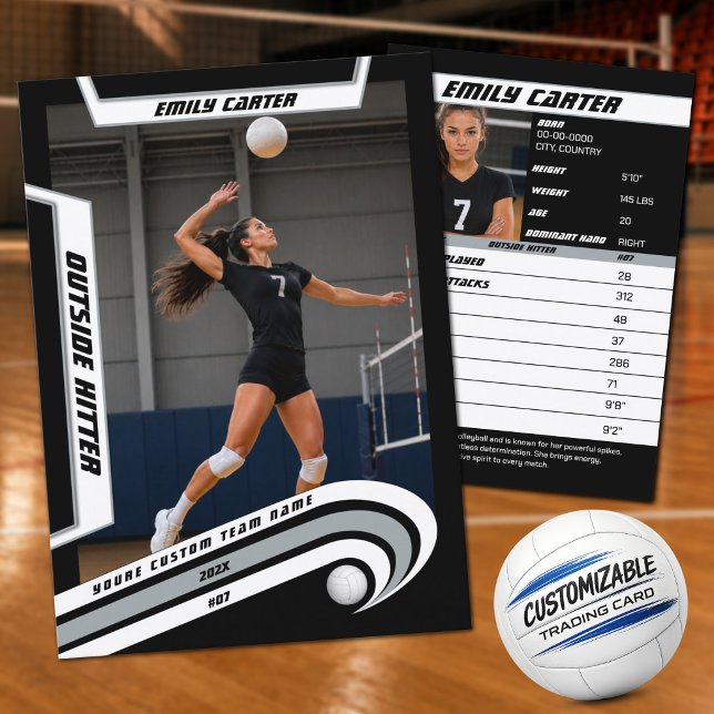 Presentación Tarjeta de Comercio de Voleibol Personalizada Plat (Show Off Your Skills with a Silver, White & Black Custom Volleyball Trading Card)