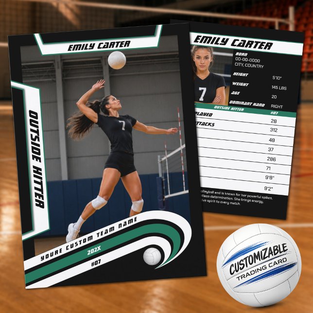 Presentación Tarjeta de comercio de voleibol personalizada verd (Personalized Green, White & Black Volleyball Trading Card – Add Your Name & Photo)