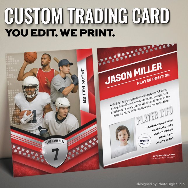 Presentación Tarjeta de comercio personalizado, plantilla de de (Custom Trading Card Template, All Sport Trading Card, Modern Red Silver Design for All Sports)