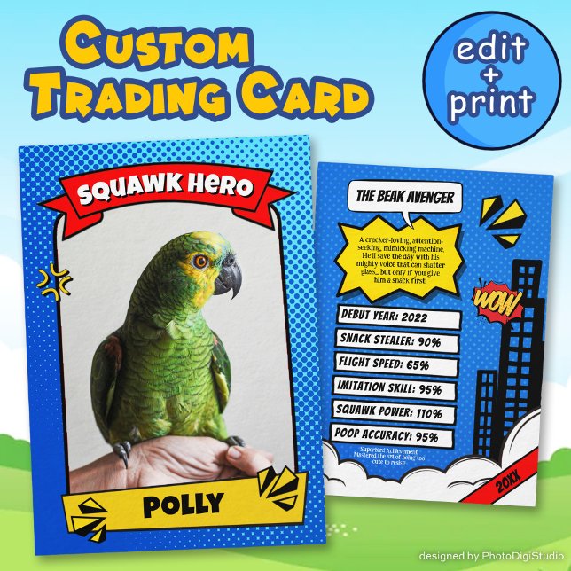 Presentación Tarjeta de Cómic de Mascota Tarjeta de Intercambio (Pet Comic Trading Card Funny Custom Bird Gift, Bird Trading Card)
