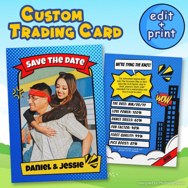 Presentación Tarjeta de Cómic de Pareja Divertida para Guardar  (Fun Save the Date Card Comic Couple Trading Card)