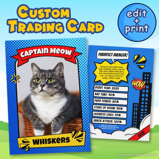 Presentación Tarjeta de Cómic de Supercat Divertida Tarjeta de  (Supercat Comic Trading Card Funny Custom Cat Gift, Cat Trading Card)