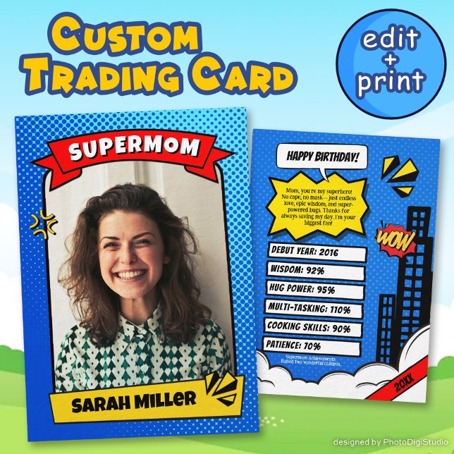 Presentación Tarjeta de cumpleaños personalizada para mamá Cómi (Custom Birthday Card For Mom Comic Trading Card)