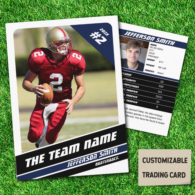 Presentación Tarjeta de equipo de fútbol Idea de regalos deport (American Football Player Trading Card in White with Custom Team and Player Name with Blue Stripes
)