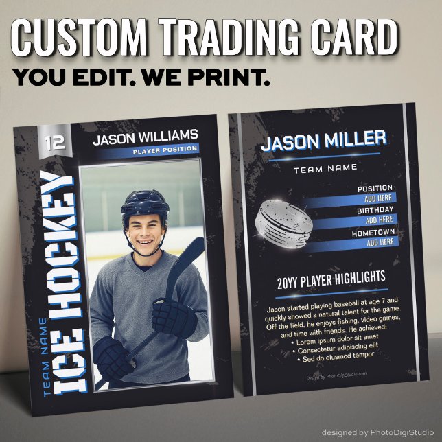Presentación Tarjeta de hockey personalizada, jugador de poder  (Custom Hockey Trading Card, Blue Power Player Card)