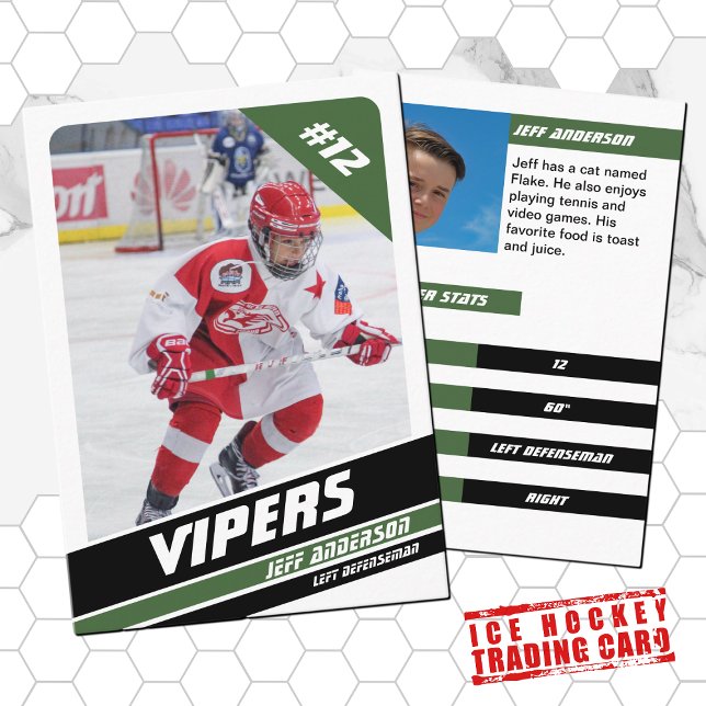 Presentación Tarjeta de hockey sobre hielo en blanco verde y vi (Proudly share youre kids' achievements with this green white and black card)