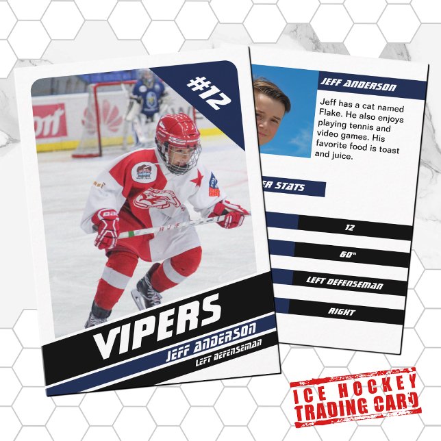 Presentación Tarjeta de hockey sobre hielo en blanco violento a (Proudly share youre kids' achievements with this white and blue card)