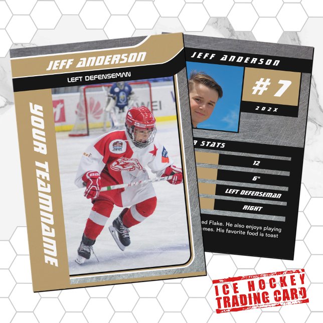 Presentación Tarjeta de hockey sobre hielo Metalizado de oro (Hockey Trading Card with custom team name and hockey player name in Gold and Black )
