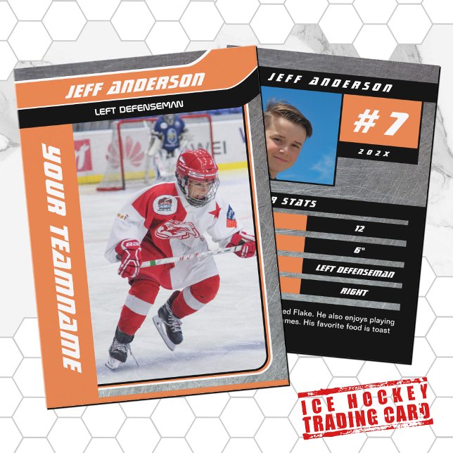 Presentación Tarjeta de hockey sobre hielo Metalizado naranja (Hockey Trading Card with custom team name and hockey player name in Orange and Metal)