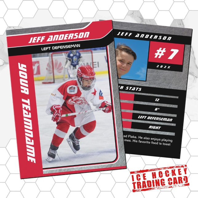Presentación Tarjeta de hockey sobre hielo Metalizado rojo (Proudly share youre kids' achievements with this red black and metal card)