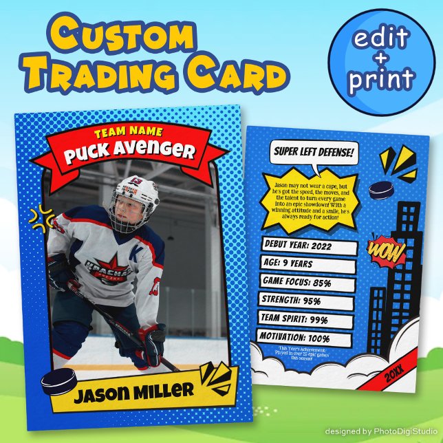 Presentación Tarjeta de hockey sobre hielo personalizado, tarje (Custom Ice Hockey Trading Card, Comic Hockey Card)
