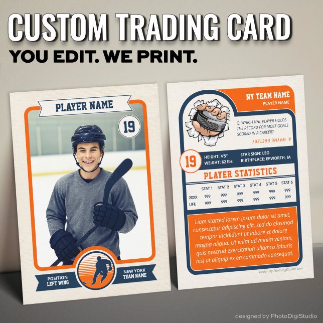 Presentación Tarjeta de hockey sobre personalizado, tarjeta de  (Vintage Custom Hockey Trading Card, Orange Player Card)