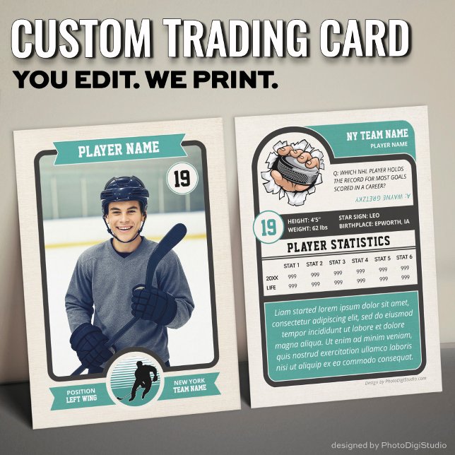 Presentación Tarjeta de hockey sobre personalizado, tarjeta de  (Vintage Custom Hockey Trading Card, Teal Player Card)