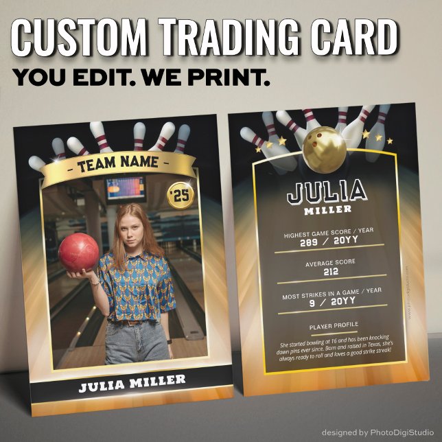 Presentación Tarjeta de intercambio de bolos personalizada, tar (Custom Bowling Trading Card, Modern Bowler Card Gold)