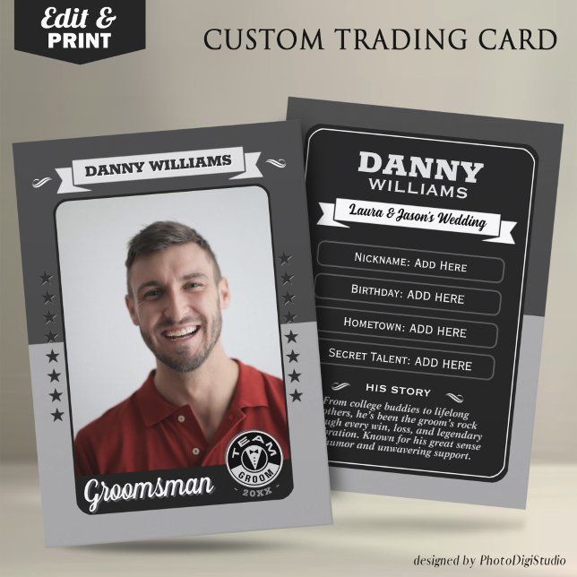 Presentación Tarjeta de intercambio de equipo personalizado par (Custom Team Groom Trading Card, Groomsmen Gifts Best Man Trading Card, Retro Wedding Cards)