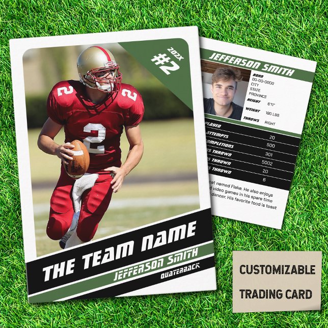 Presentación Tarjeta de intercambio de equipos de fútbol regalo (American Football Player Trading Card in White with Custom Team and Player Name with Green Stripes
)