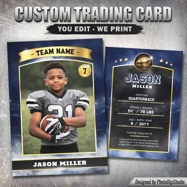 Presentación Tarjeta de intercambio de fútbol personalizada, Es (Custom Football Trading Card, Blue Gold Stadium Calling Card)