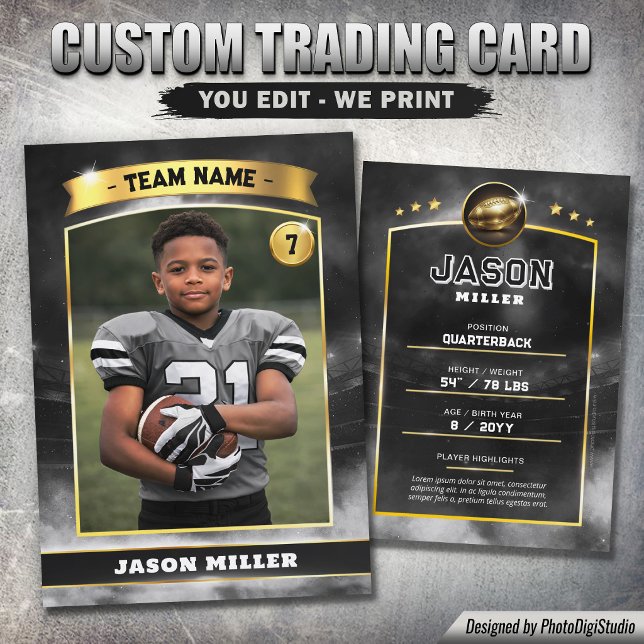 Presentación Tarjeta de intercambio de fútbol personalizada, es (Custom Football Trading Card, Black Gold Stadium Calling Card)