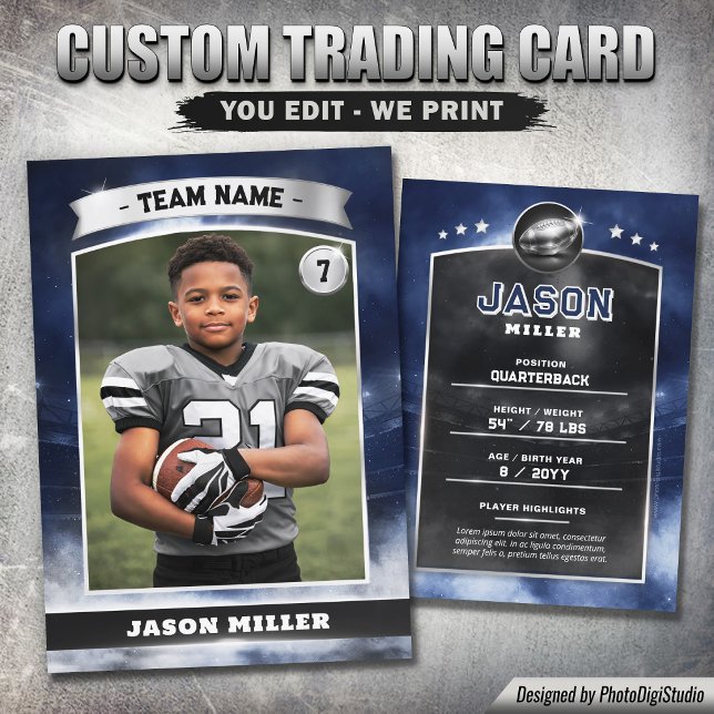Presentación Tarjeta de intercambio de fútbol personalizada, es (Custom Football Trading Card, Blue Silver Stadium Calling Card)