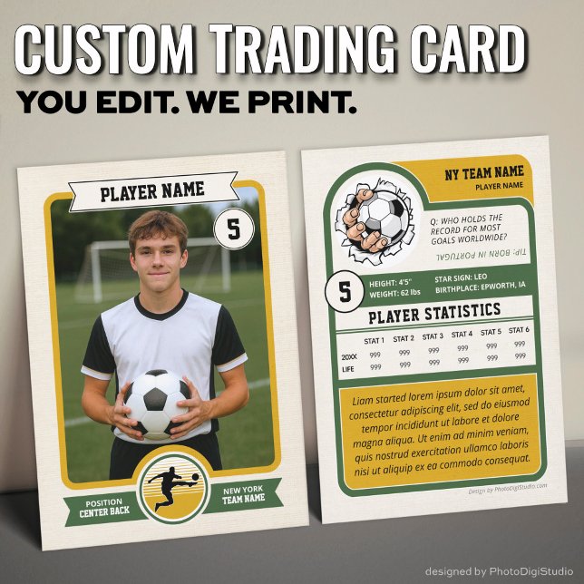 Presentación Tarjeta de intercambio de fútbol personalizada vin (Vintage Custom Soccer Trading Card, Green Player Card)