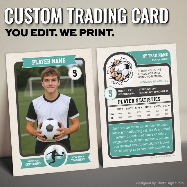 Presentación Tarjeta de intercambio de fútbol personalizada vin (Vintage Custom Soccer Trading Card, Teal Player Card)