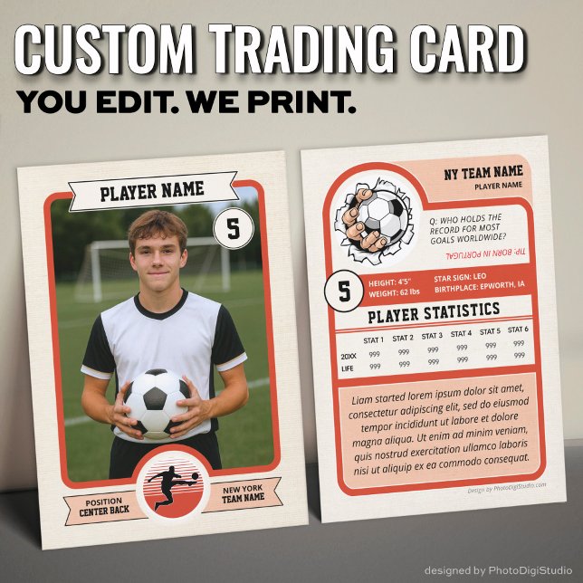 Presentación Tarjeta de intercambio de fútbol personalizada vin (Vintage Custom Soccer Trading Card, Red Player Card)