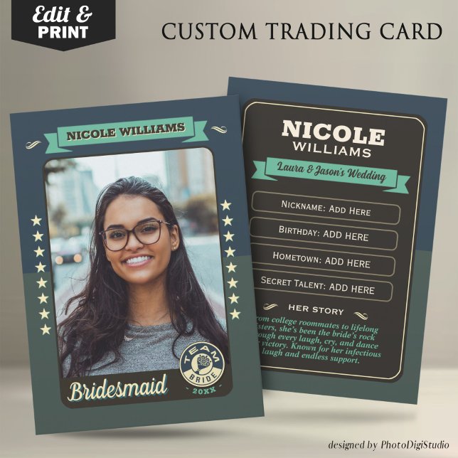 Presentación Tarjeta de intercambio de la novia del equipo pers (Custom Team Bride Trading Card, Bridesmaids Gifts Maid of Honor Trading Card, Retro Wedding Cards)