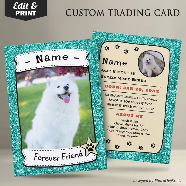 Presentación Tarjeta de intercambio de mascotas personalizada,  (Glitter Green Neutral Pet Trading Card Dog Trading Card Therapy Dog)