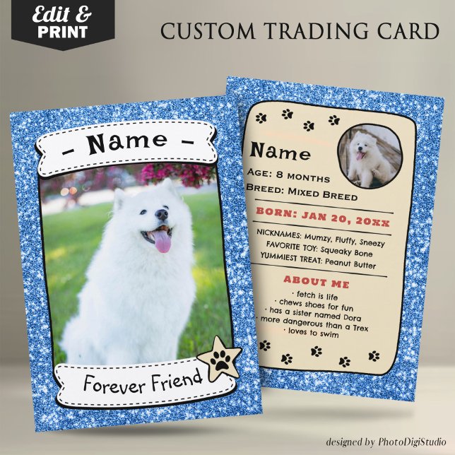 Presentación Tarjeta de intercambio de mascotas personalizada,  (Glitter Blue Pet Trading Card Dog Trading Card Therapy Dog)