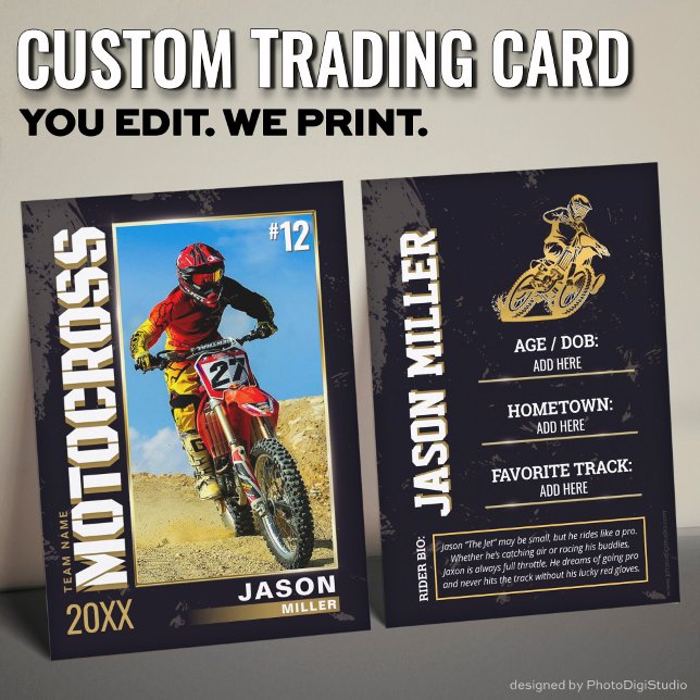 Presentación Tarjeta de intercambio de motocross personalizada, (Custom Motocross Trading Card, Editable Dirt Bike Card)