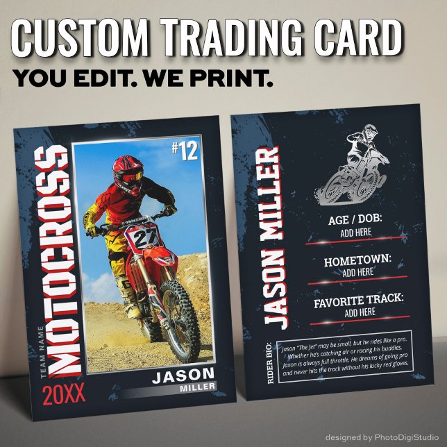 Presentación Tarjeta de intercambio de motocross personalizada, (Custom Motocross Trading Card, Editable Dirt Bike Card)