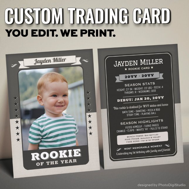 Presentación Tarjeta de intercambio de novato personalizada, cu (Custom Rookie Trading Card, First Birthday Retro Rookie Card)