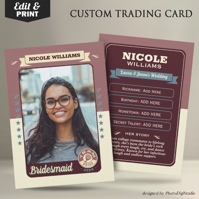 Presentación Tarjeta de intercambio de novia de equipo personal (Custom Team Bride Trading Card, Bridesmaids Gifts Maid of Honor Trading Card, Retro Wedding Cards)