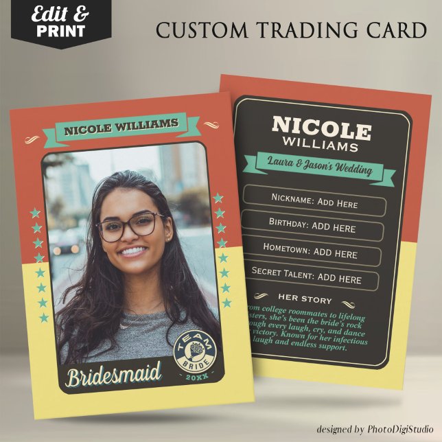 Presentación Tarjeta de intercambio de novia de equipo personal (Custom Team Bride Trading Card, Bridesmaids Gifts Maid of Honor Trading Card, Retro Wedding Cards)