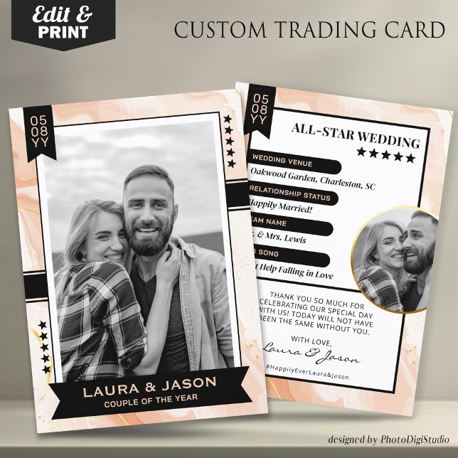 Presentación Tarjeta de intercambio de pareja personalizada, re (Wedding Trading Card Template, Custom Couple Trading Card, Wedding Thank You Card Rose Gold & Black)