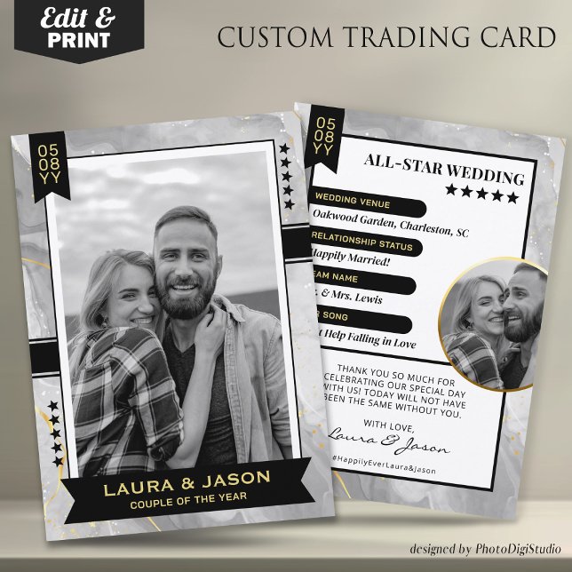 Presentación Tarjeta de intercambio de parejas de personalizado (Wedding Trading Card Template, Custom Couple Trading Card, Wedding Thank You Card Black Gold & Black)