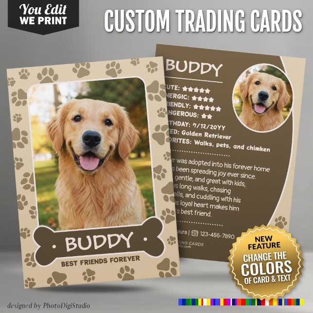 Presentación Tarjeta de intercambio de perro personalizada, col (Custom Dog Trading Card, Editable Colors Cute Pet Calling Card)