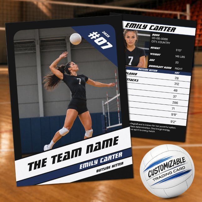 Presentación Tarjeta de intercambio de voleibol personalizada n (Showcase Your Game with a Black, Blue & White Custom Volleyball Trading Card)