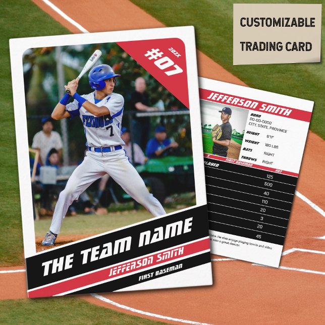 Presentación Tarjeta de intercambio del equipo de béisbol Gift  (Baseball Player Trading Card in White with Custom Team Name and White Red Elements)