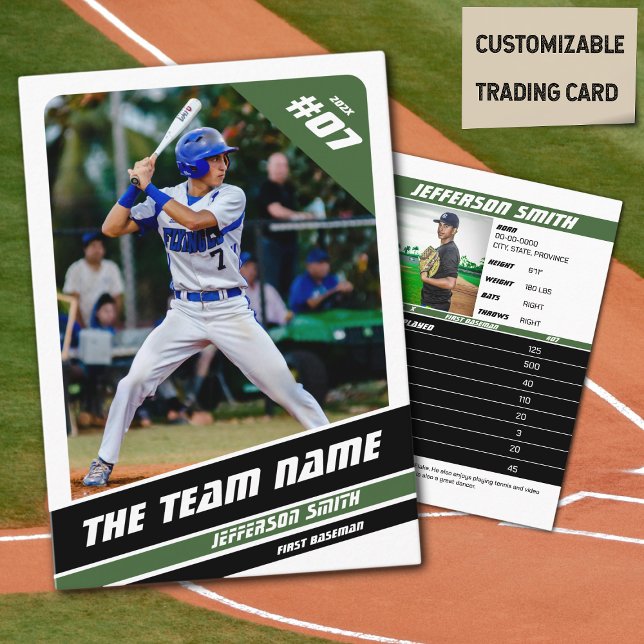 Presentación Tarjeta de intercambio del equipo de béisbol Gift  (Baseball Player Trading Card in White with Custom Team Name and Green and Black Elements)