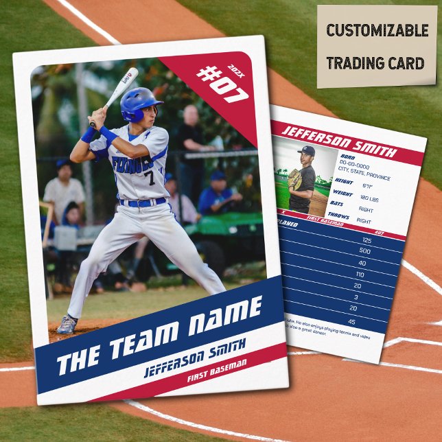 Presentación Tarjeta de intercambio del equipo de béisbol Red B (Baseball Player Trading Card in White with Custom Team Name and Red White Blue Elements)