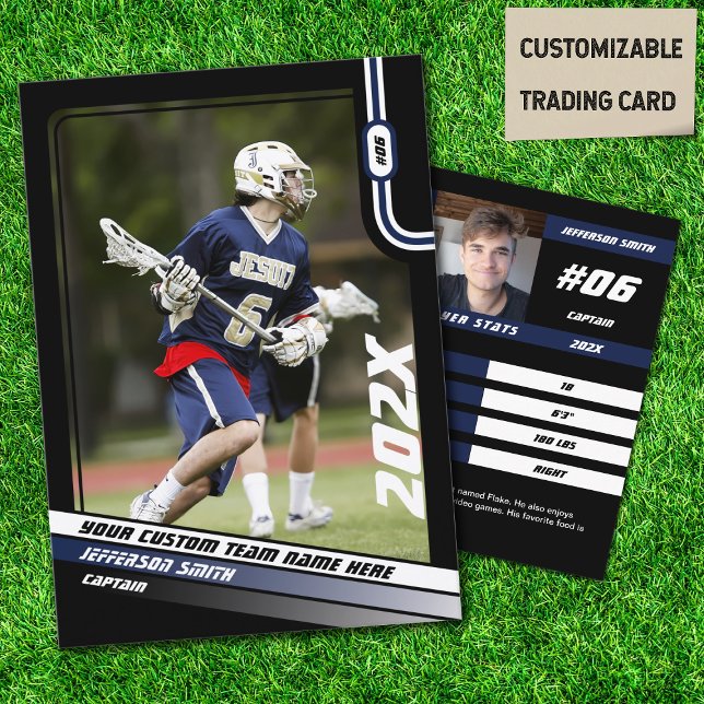 Presentación Tarjeta de intercambio del jugador de Lacrosse en  (Lacrosse Player Trading Card in Black with Custom Team Name and Blue White Elements)